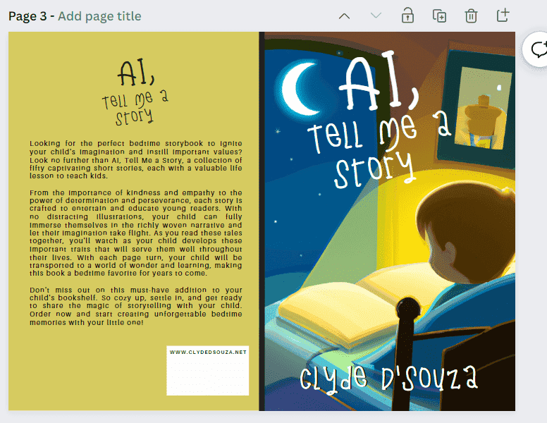 A screenshot of the book cover created in Canva.