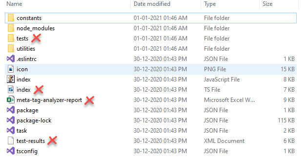 Images showing the contents of the buildAndReleaseTask folder and a cross mark indicating the contents to be deleted.