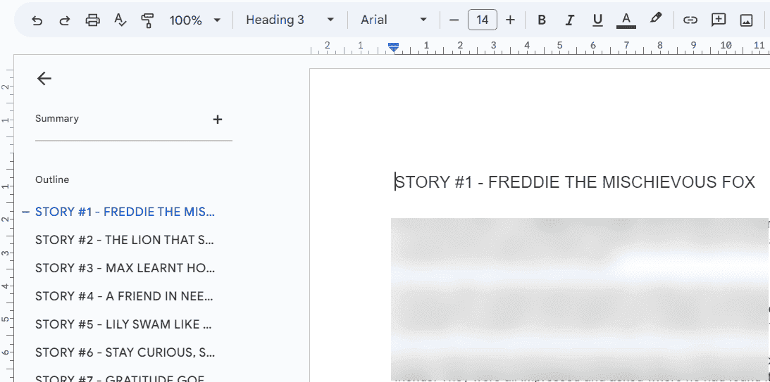 A screenshot of Google Doc outline view