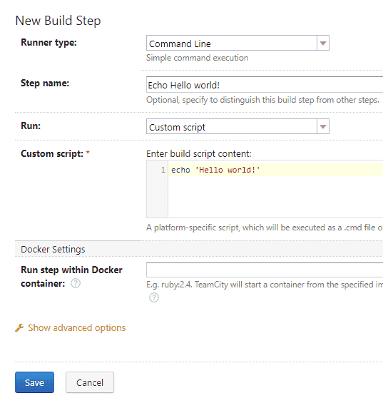 Screenshot showing how to add a command line hello world build step in TeamCity.