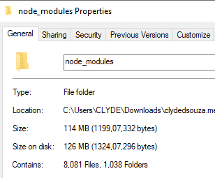 Image showing the size of the node_modules folder before the modclean process.