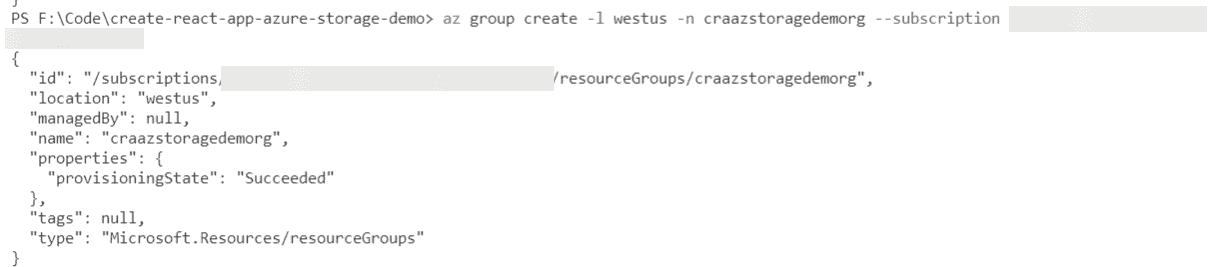 Screenshot showing the output of an Azure CLI command.