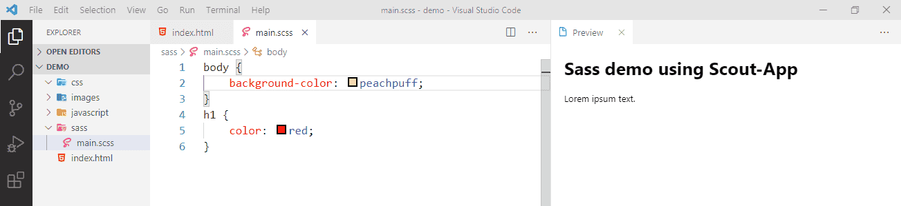 Screenshot of the SCSS file and the output of the HTML code.