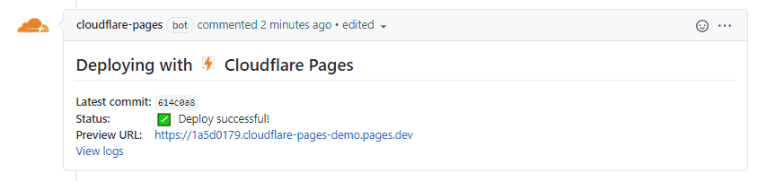 An image showing the Cloudflare Pages comment in the pull request.