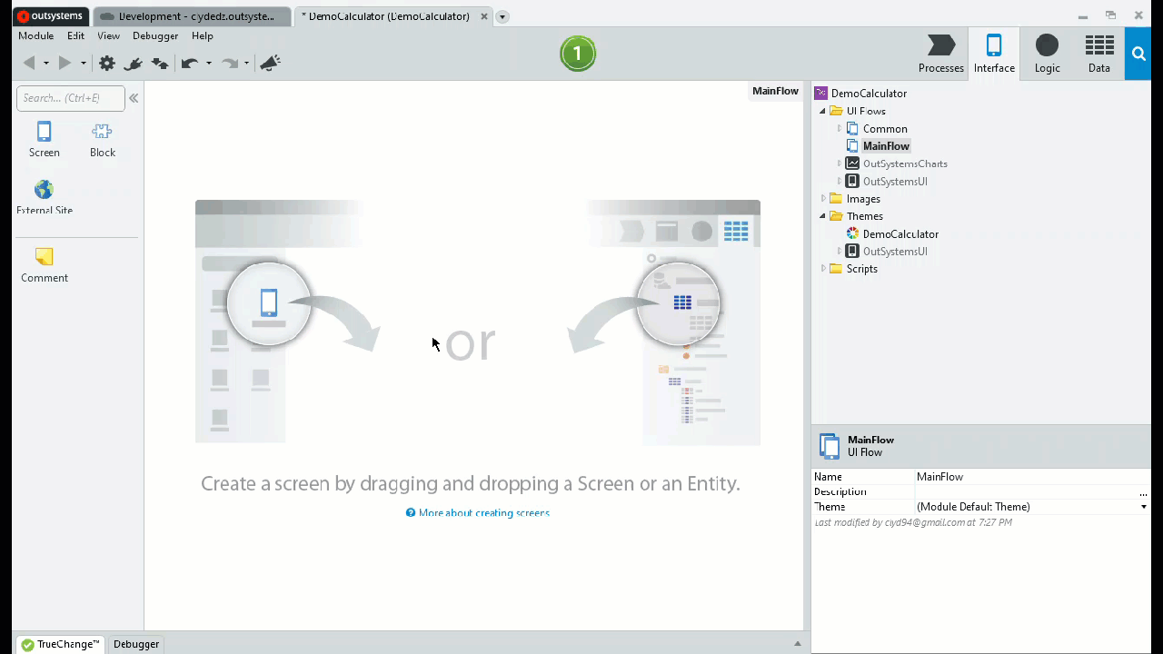 GIF showing how to create a screen in OutSystems.