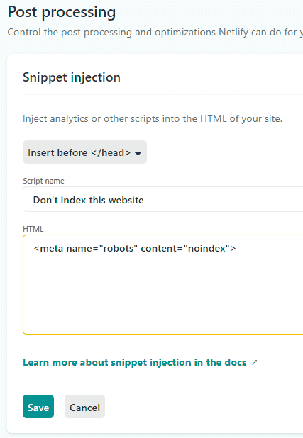 Image showing a snippet to disallow search engines from crawling the website.