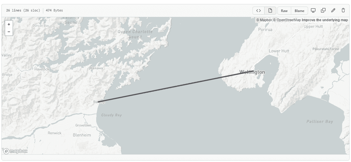 An image of a line rendered on a GeoJSON rendered map.