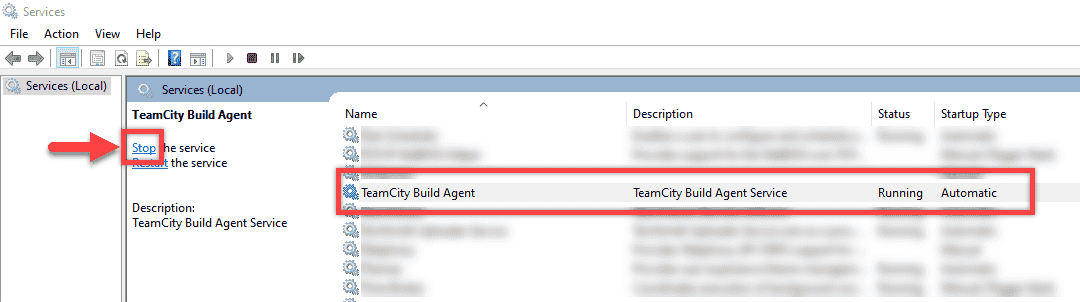 Screenshot showing how to stop the TeamCity build agent.