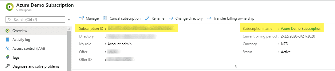 Image show Azure portal subscription details