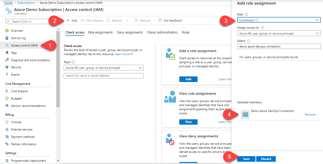 Image showing how to add the app as a contributor in Azure