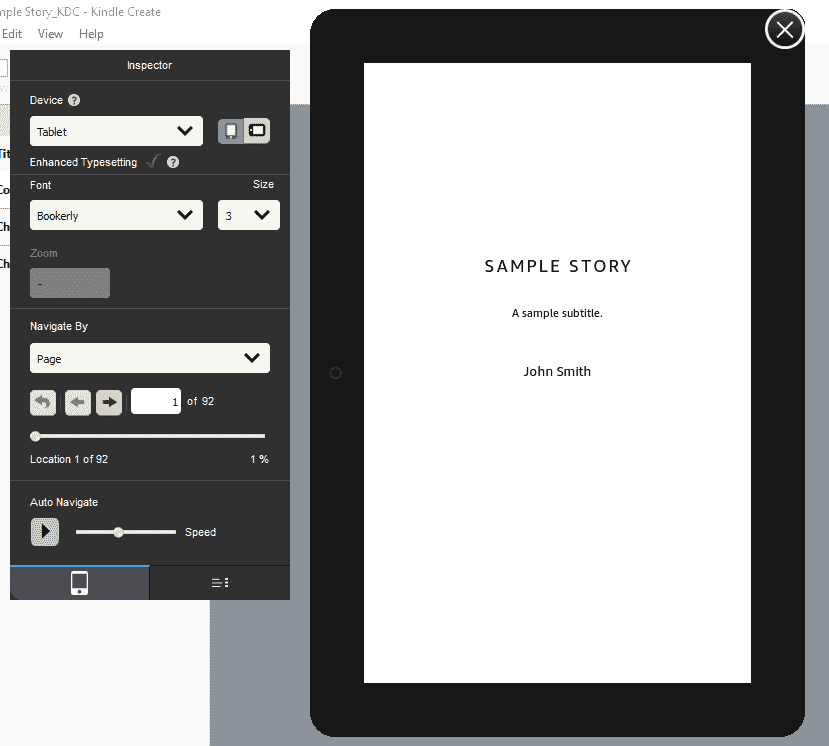 Screenshot showing what the previewer looks like in Kindle Create.