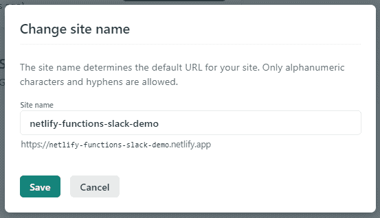 Screenshot showing how to update the site name in Netlify.