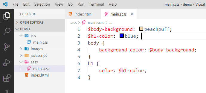 Screenshot of the SCSS code using variables.
