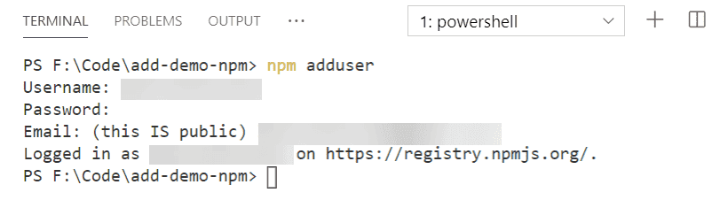 Screenshot showing npm adduser command in action.