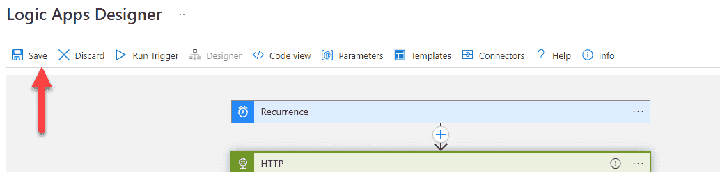 Image showing how to save a Logic App.