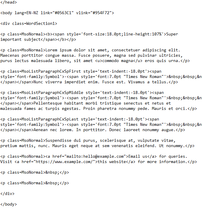 Image showing a sample of the HTML produced using Word's export feature.