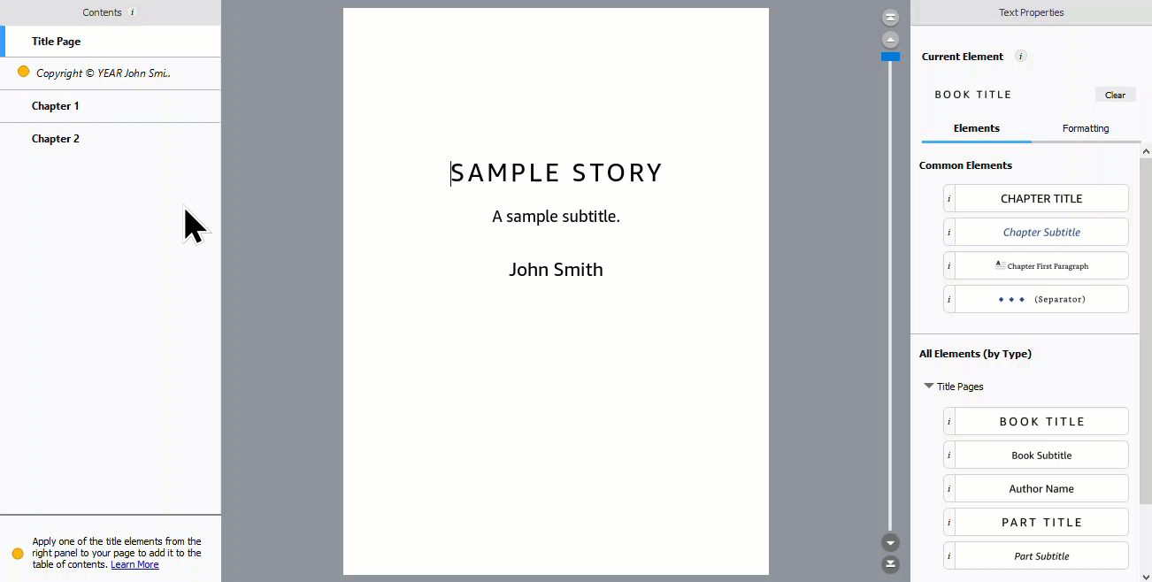 GIF showing how to apply a style to a text block in Kindle Create.