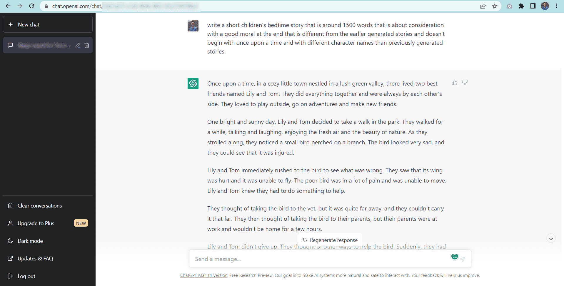 A screenshot of a ChatGPT generated story