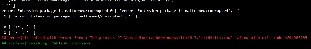 Image showing the error message when trying to publish a large VSIX package.