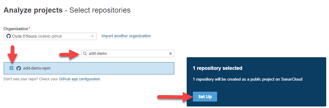 Image showing the steps to add a GitHub repository to SonarCloud.