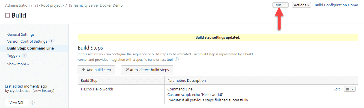 Screenshot showing how to run your first build in TeamCity.