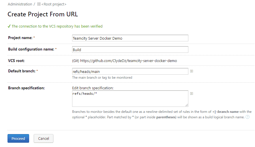 Screenshot showing how to create a project in TeamCity.