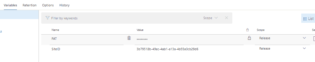 Image showing the release variables in Azure DevOps.