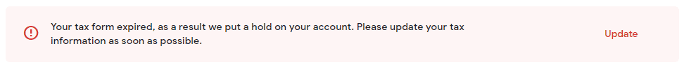 Tax form warning shown in the Google Play publisher portal.