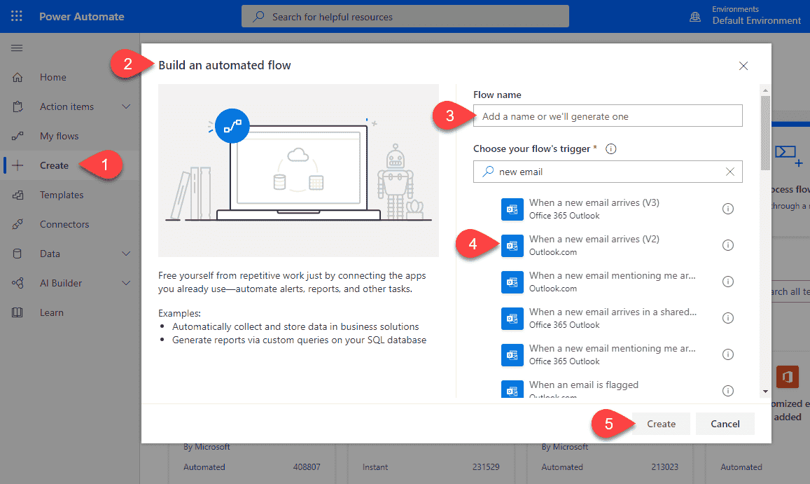 Image annotating the steps to create a new flow