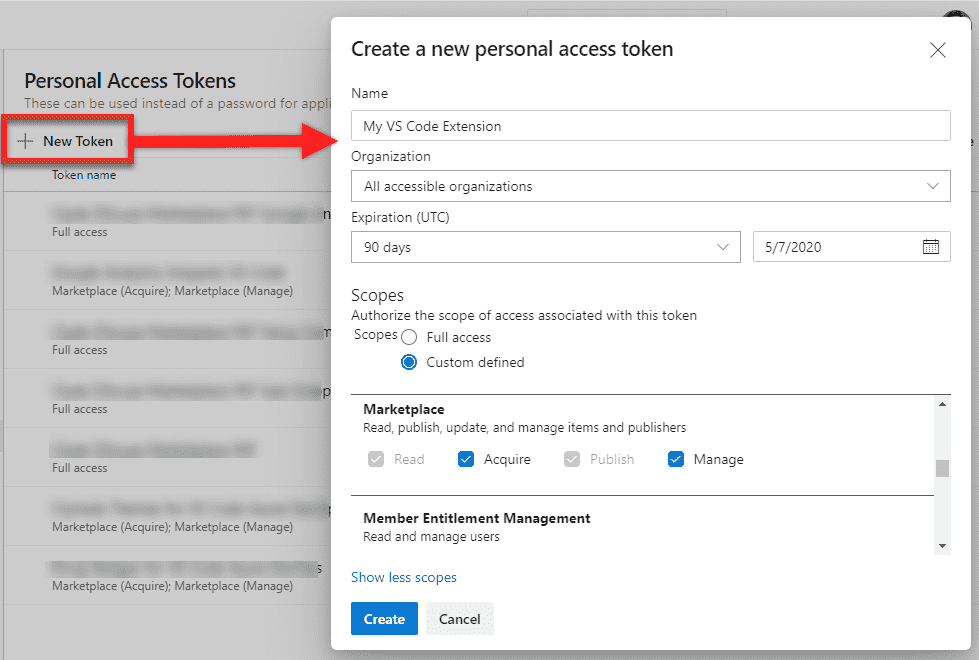 Picture showing how to create a personal access token in Azure DevOps.