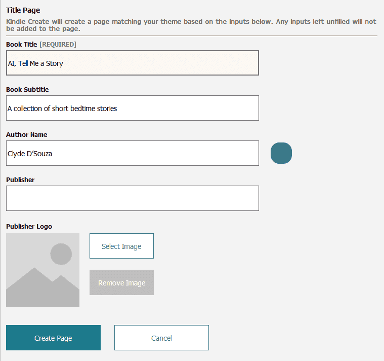 A screenshot of updating the title page in Kindle Create