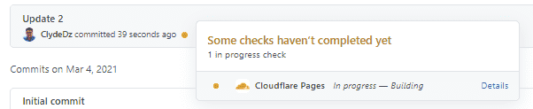 An showing the Cloudflare Pages build and deploy notification in GitHub.