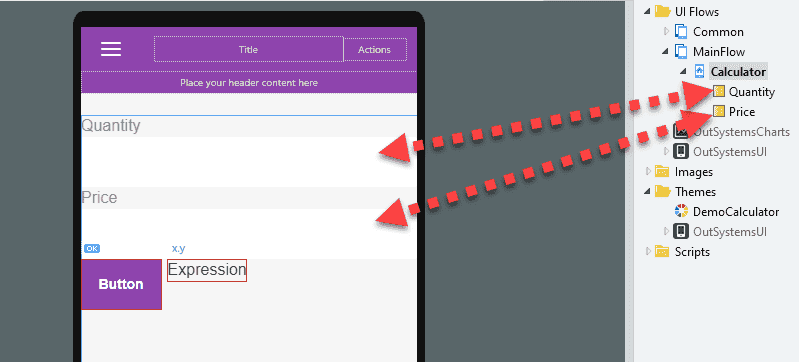 Image showing the link between text fields and variables in OutSystems.