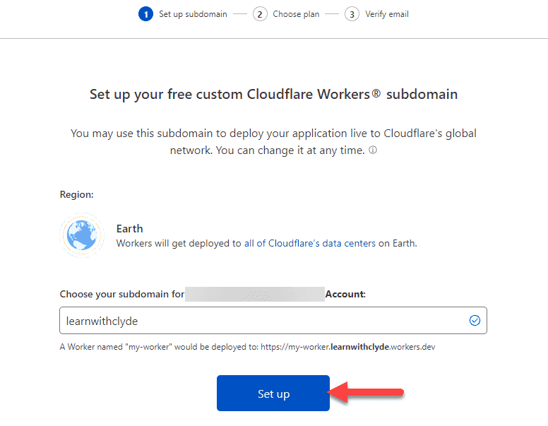Screenshot showing how to configure a subdomain for Cloudflare Workers.
