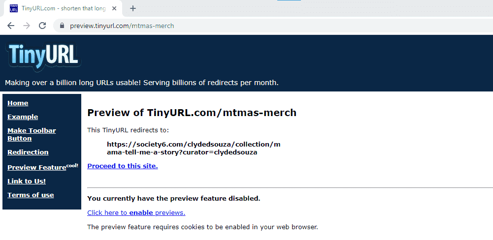 Screenshot of Tiny URL's link shortening page.