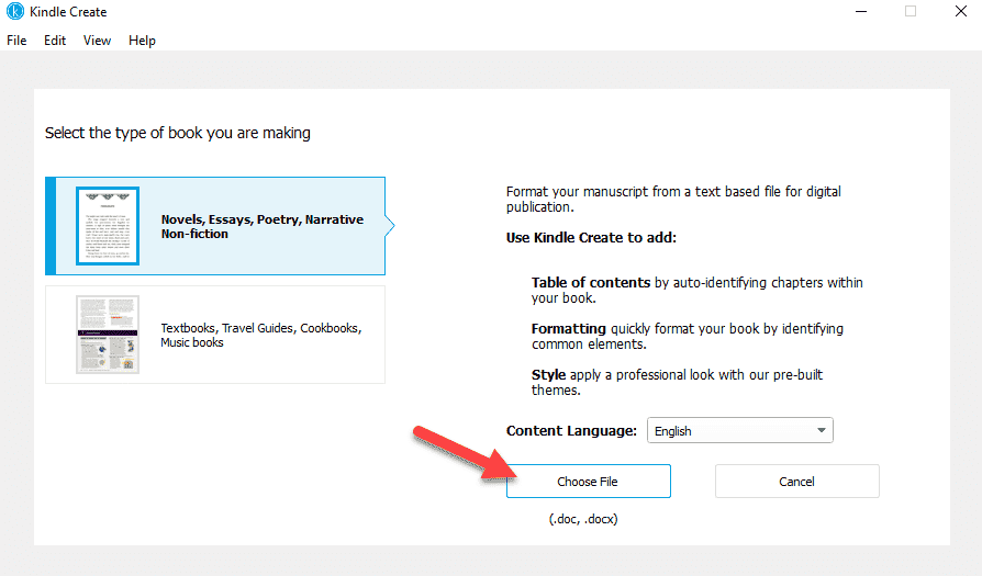 Screenshot of the second step when creating a new project in Kindle Create.