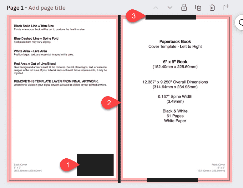 A screenshot of the template with guidelines in Canva to create a book cover.
