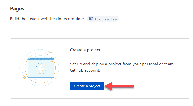 An arrow pointing to the Create a project button in Cloudflare Pages.