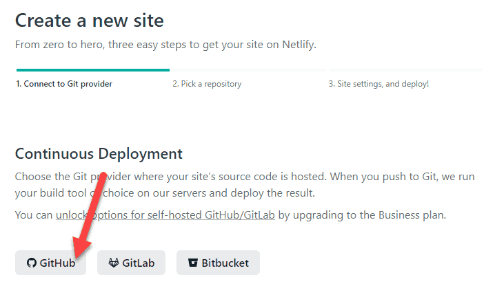 Screenshot showing how to connect GitHub with Netlify.