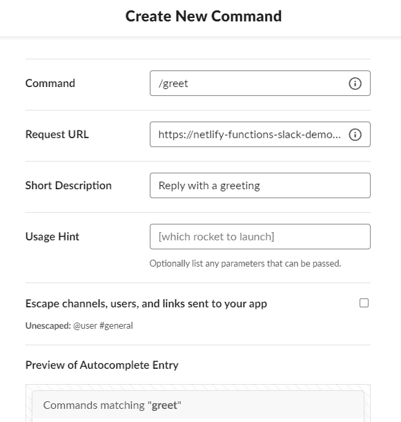 Screenshot showing how to create a new slash command in Slack.