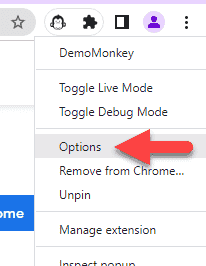 Click on options to open the Demo Monkey portal.