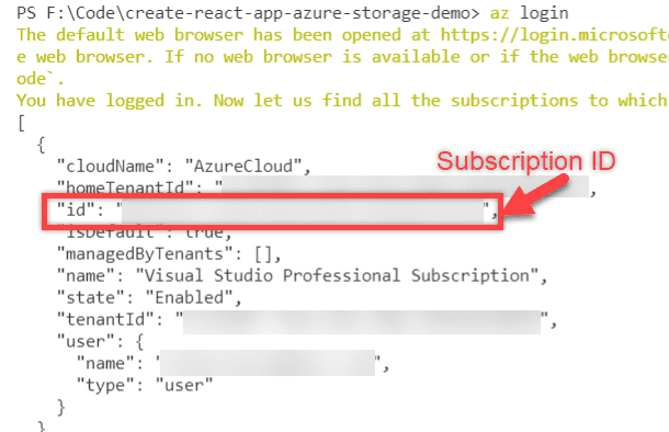 Screenshot showing the output of an Azure CLI command.