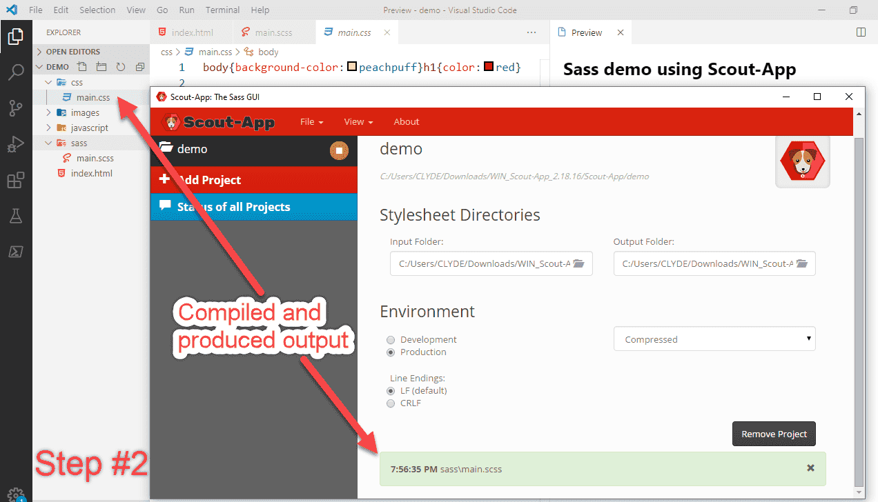 Screenshot showing where the compiled CSS files from Scout-App can be found.