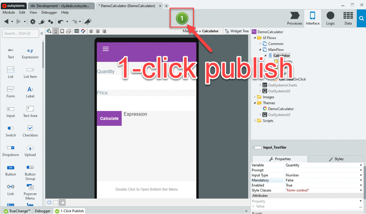 GIF showing the 1-click publish process in OutSystems.