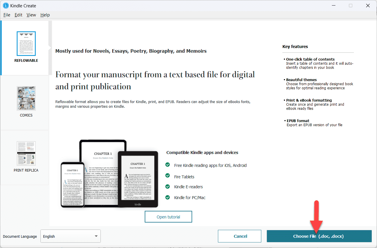 A screenshot of how to import a Microsoft Word file into Kindle Create.