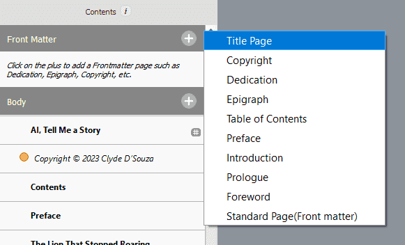 A screenshot showing how to add a title page in Kindle Create.