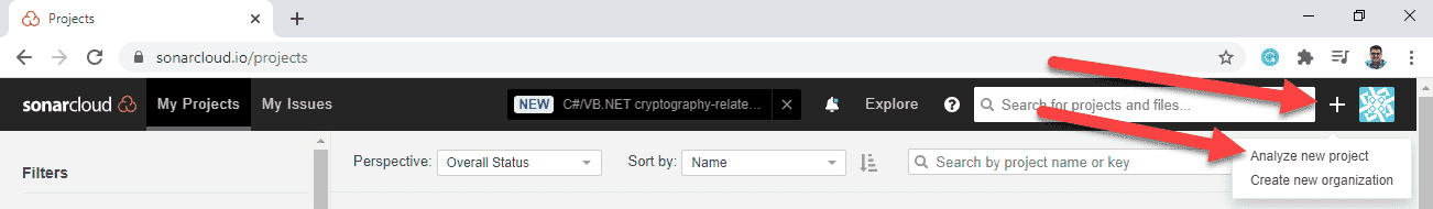 Screenshot of SonarCloud projects home page and arrows pointing the buttons to click.