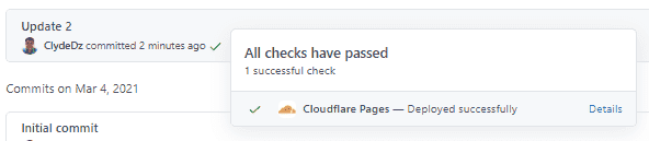 An showing the Cloudflare Pages build and deploy notification in GitHub.