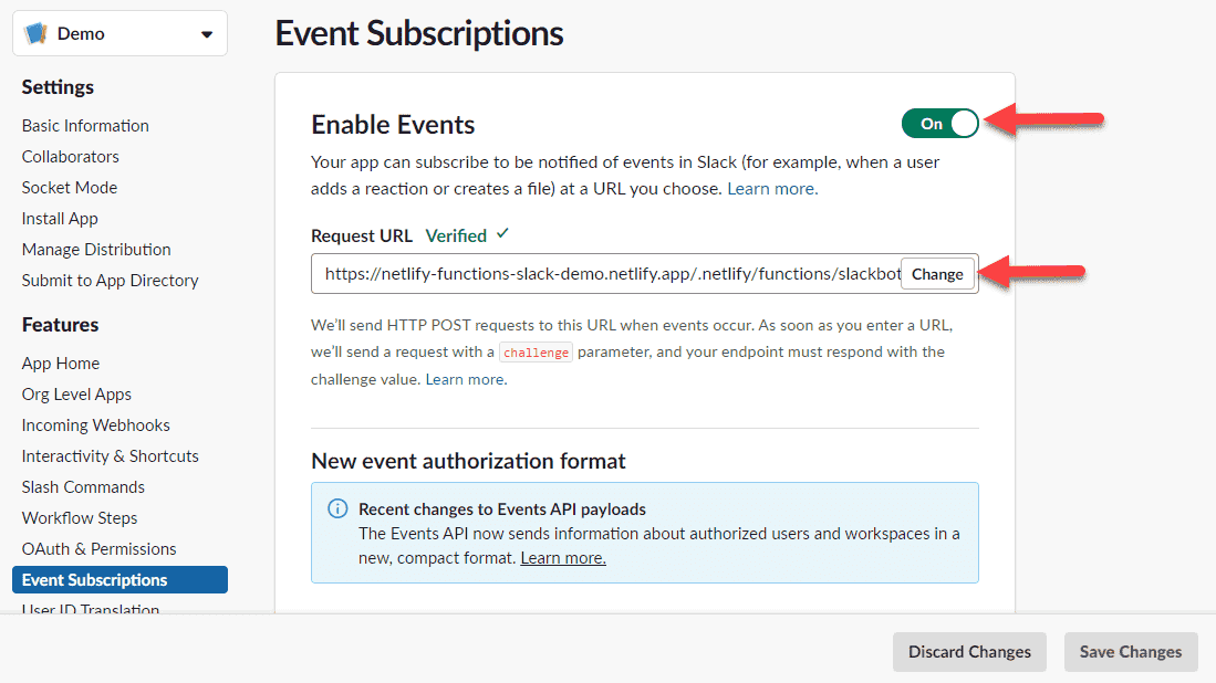 Screenshot showing how to enable event subscriptions and add the request URL.