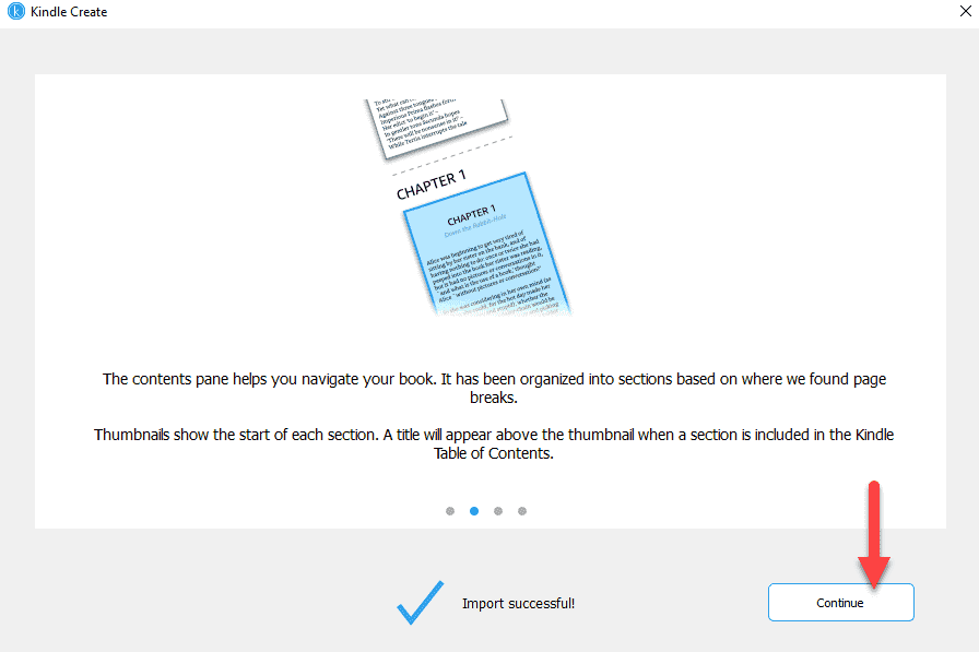 Screenshot of the upload successful window seen after importing a Word document in Kindle Create.